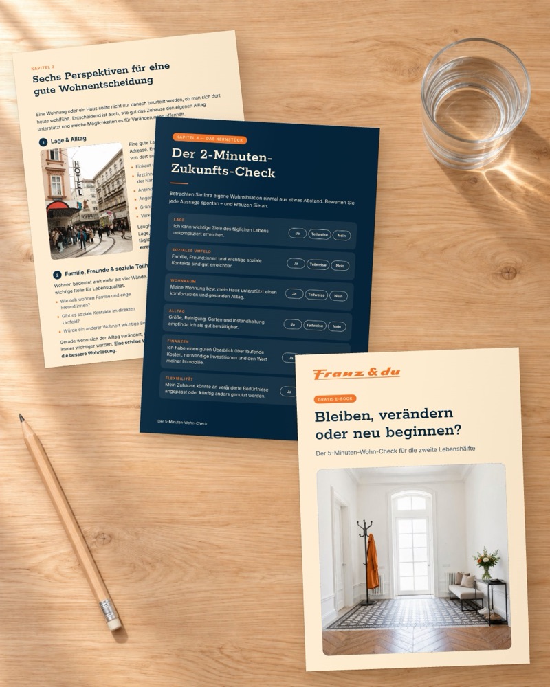 Vorschau des kostenlosen E-Books „Bleiben, verändern oder neu beginnen?“: Titelseite, Kapitel „Sechs Perspektiven für eine gute Wohnentscheidung“ und Zukunfts-Check